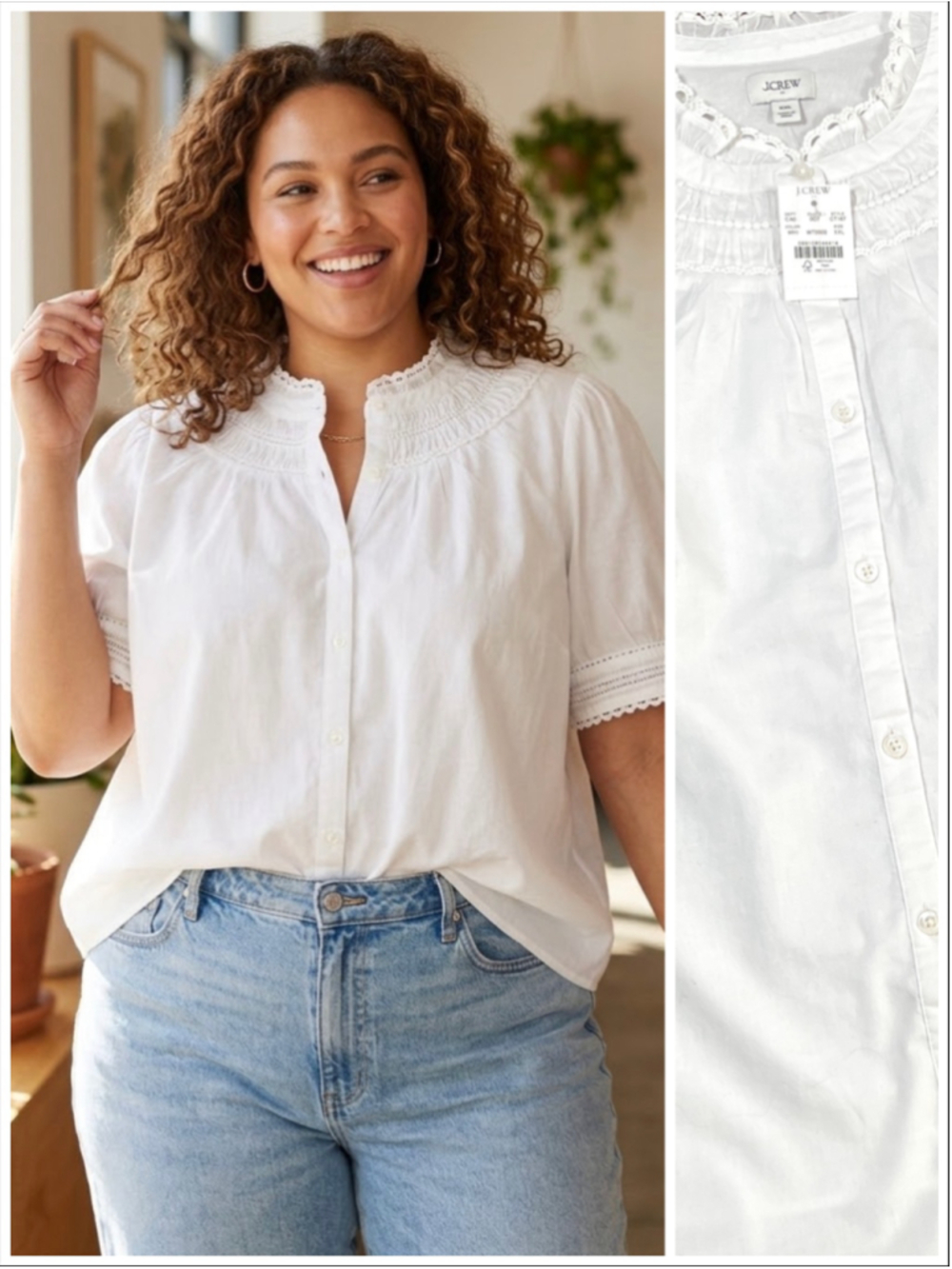 NWT J.Crew Womans Blouse White Button Down Shirt XXL Cottagecore Cotton Croch